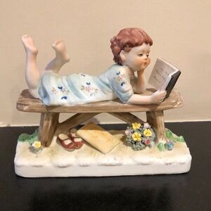 Norleans Figurine- Girl Reading a Book on a Bench- Porcelain- Vintage 1980s